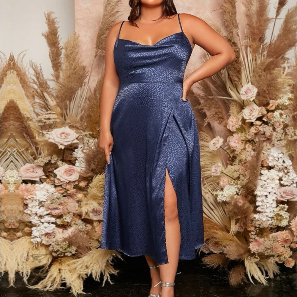 Luxe plus size slit thigh satin  maxi dress